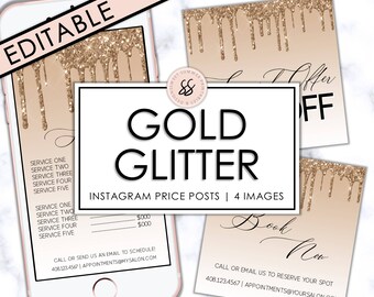 Salon Instagram Price List Gold Glitter Drip, Spa Instagram Post Price List, Editable Price List, Rose Gold Branding Template