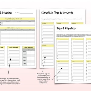 May include: A printable worksheet with a yellow and white design to help track sales and coupons, as well as competitor tags and keywords. The worksheet includes sections for key shopping dates, future sales ideas, social media ads, and competitor tags and keywords.