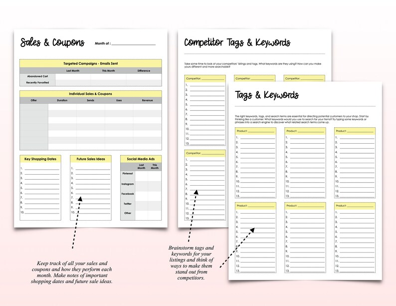 May include: A printable worksheet with a yellow and white design to help track sales and coupons, as well as competitor tags and keywords. The worksheet includes sections for key shopping dates, future sales ideas, social media ads, and competitor tags and keywords.