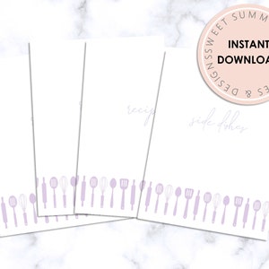 Lavender Utensils Printable Recipe Binder Dividers, Purple Recipe Binder Dividers, Recipe Binder Kit Printable, Recipe Book Inserts