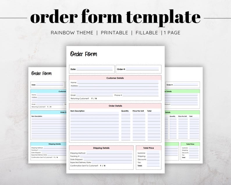 K&ouml;nnte beinhalten: Druckbare Bestellformularvorlage mit einem Regenbogen-Thema. Das Formular enth&auml;lt Abschnitte f&uuml;r Kundendetails, Bestelldetails, Versanddetails und Gesamtpreis. Das Formular ist ausf&uuml;llbar und enth&auml;lt Felder f&uuml;r Datum, Bestellnummer, Name, Adresse, E-Mail, Telefonnummer, Artikelbeschreibung, Menge, Preis pro Einheit, Gesamtbetrag, Versandart, Sendungsverfolgungsnummer, Versanddatum, voraussichtliches Lieferdatum, Best&auml;tigung an den Kunden, Zwischensumme, Versandkosten, Rabatte, Steuern und Gesamtbetrag.