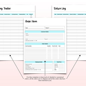May include: Printable order forms for tracking shipping and returns. The forms include sections for order details, customer information, shipping details, and total price. The forms are designed to help businesses keep track of their orders and returns.