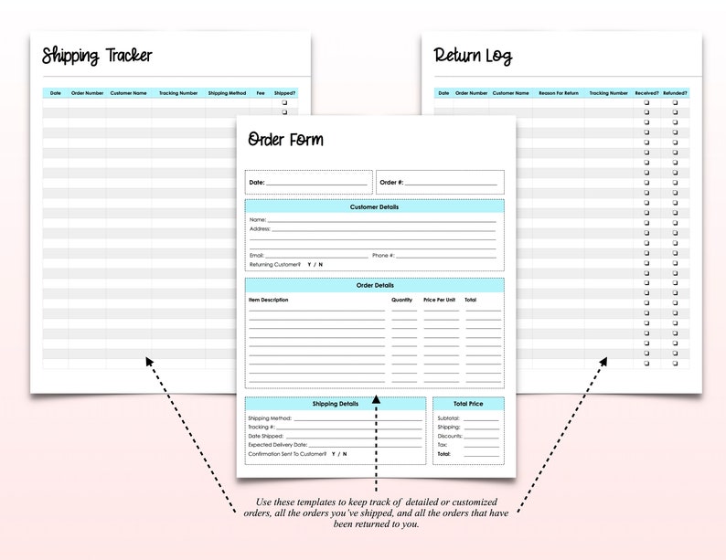 May include: Printable order forms for tracking shipping and returns. The forms include sections for order details, customer information, shipping details, and total price. The forms are designed to help businesses keep track of their orders and returns.