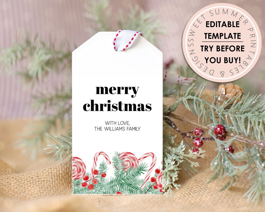 Peppermint Greenery Gift Tag Printable, Editable Christmas Gift Tag ...