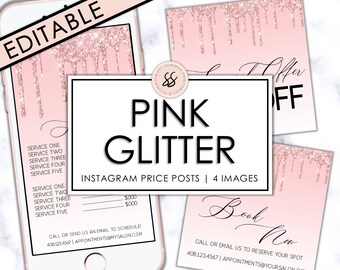 Salon Instagram Price List Pink Glitter Drip, Spa Instagram Post Price List, Editable Price List, Rose Gold Branding Template, Spa Templates