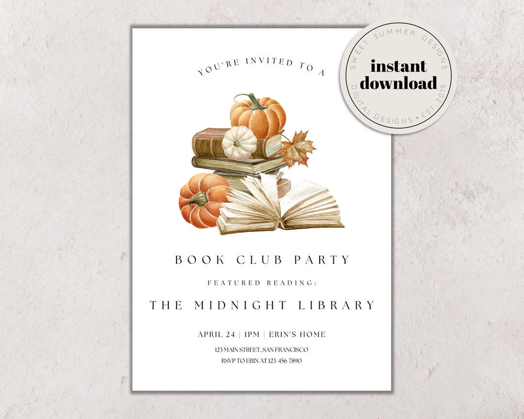 Fall Book Club Printable Invitation Template, Book Club Party Invitation, Book Party Invite