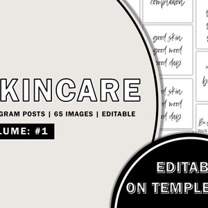 Puede incluir: Una descarga digital de 65 plantillas de publicaciones de Instagram editables para empresas de cuidado de la piel. El texto "SKINCARE" est&aacute; en letras grandes y negritas. El texto "INSTAGRAM POSTS | 65 IMAGES | EDITABLE" est&aacute; debajo del t&iacute;tulo. El texto "VOLUME: #1" est&aacute; en un cuadro debajo del texto anterior. El texto "EDITABLE ON TEMPLETT" est&aacute; en letras grandes y negritas en la parte inferior de la imagen.