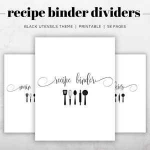 Recipe Binder Dividers, Recipe Binder Printable Sections, Recipe Binder Kit, Black and White Recipe Binder, Utensils Recipe Binder