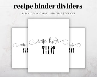 Recipe Binder Dividers, Recipe Binder Printable Sections, Recipe Binder Kit, Black and White Recipe Binder, Utensils Recipe Binder