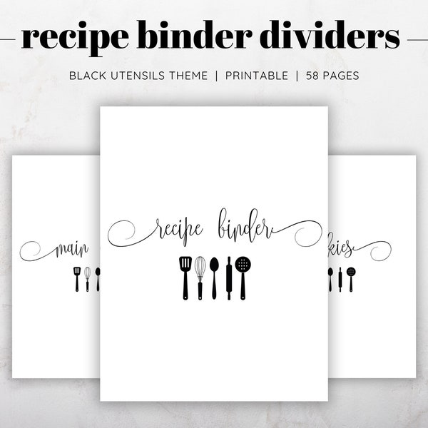 Recipe Binder Dividers, Recipe Binder Printable Sections, Recipe Binder Kit, Black and White Recipe Binder, Utensils Recipe Binder