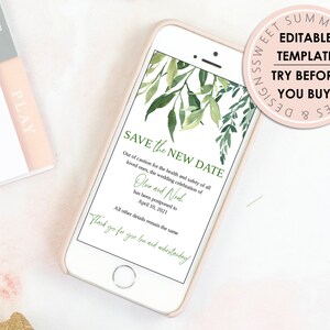 Digital Save The New Date Green Leaves Announcement, Wedding Text Invitation, Change of Plans, Text Announcement, Event Postponed
