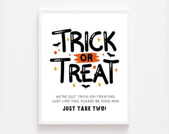 Trick or Treat Bubble Letter Sign Printable | We’re Out Trick or Treating Sign | Halloween Porch Sign | Instant Download