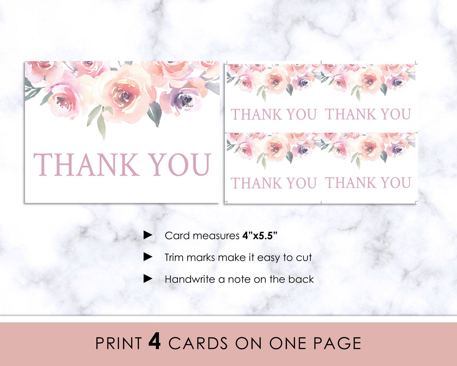 Blush Floral Thank You Card Printable, Printable Thank You Card, Thank ...