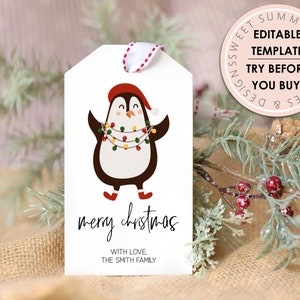 Penguin Christmas Gift Tag Printable, Editable Christmas Gift Tag, Holiday Tag Printable, Christmas Gift Tag Editable, Editable Xmas