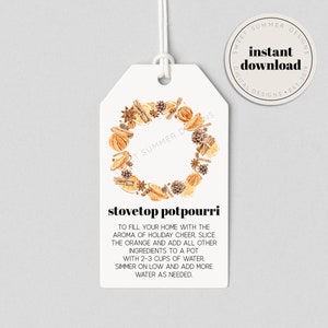 Etichetta per potpourri sul piano cottura con corona di spezie arancione stampabile, etichetta per potpourri a fuoco lento, etichetta per potpourri di Natale, etichetta per regalo di Natale stampabile