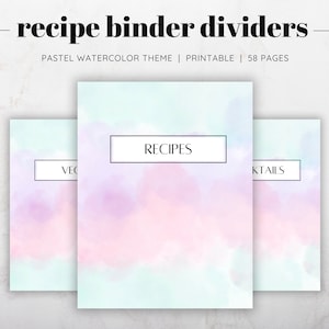 Diviseurs de classeur de recettes d’aquarelle pastel, sections imprimables de classeur de recettes, kit de classeur de recettes, classeur de recettes florales, cadeau de classeur de recettes