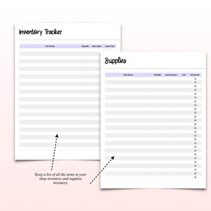 May include: A printable inventory tracker with two sections: "Inventory Tracker" and "Supplies". Each section has columns for item name, quantity, date listed, unit price, date ordered, cost, and received. The text "Keep a list of all the items in your shop inventory and supplies inventory" is at the bottom of the page.