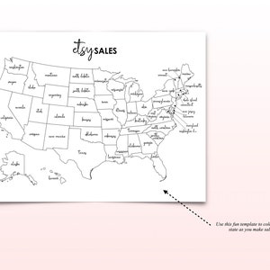 May include: A black and white outline map of the United States with each state labeled. The map is titled "Etsy Sales".