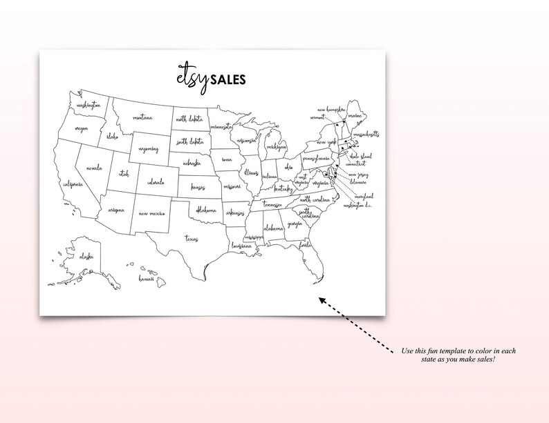 May include: A black and white outline map of the United States with each state labeled. The map is titled "Etsy Sales".