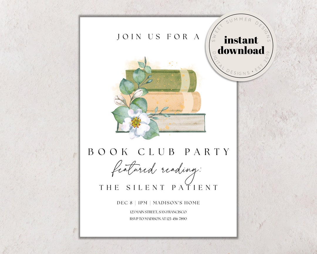 Soft Floral Book Club Printable Invitation Template, Book Club Party ...