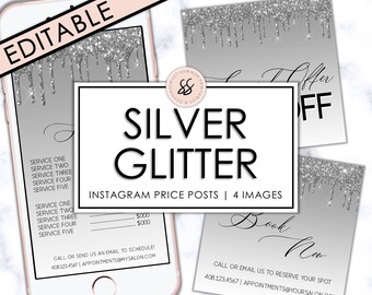 Salon Instagram Price List Silver Glitter Drip, Spa Instagram Post Price List, Editable Price List, Rose Gold Branding Template