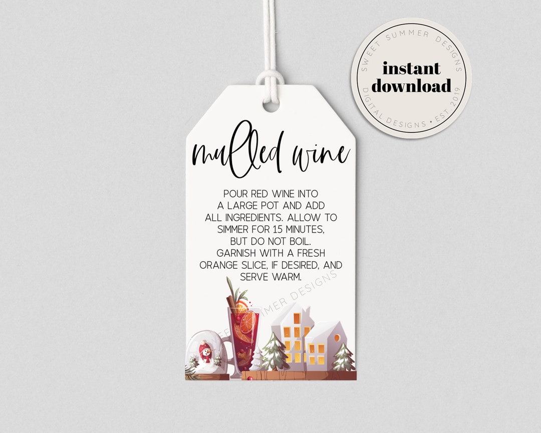 Mulled Wine Kit Holiday Tag Printable, Mulled Wine Instructions, Simmer ...