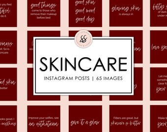 May include: A burgundy red background with white text that reads "SKINCARE INSTAGRAM POSTS | 65 IMAGES". The background is divided into a grid of 9 squares, each with a different quote about skincare. The quotes include "good things come to those who remove their makeup before bed", "glowing skin is always in", "fifty shades of dark under my eyes", "business is a bit. So is skincare", "let me tell you something that will clear your skin", "looks good. I am anything", "improve your selfies, see an esthetician", "give it a glow", "filters are great, but skincare is better", and "make time for your skin".