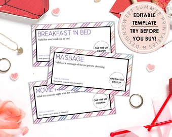 Editable Rainbow Stripes Love Coupons, Editable Valentine's Day Coupons, Coupons For Him Coupons For Her, Printable Love Coupon Templates