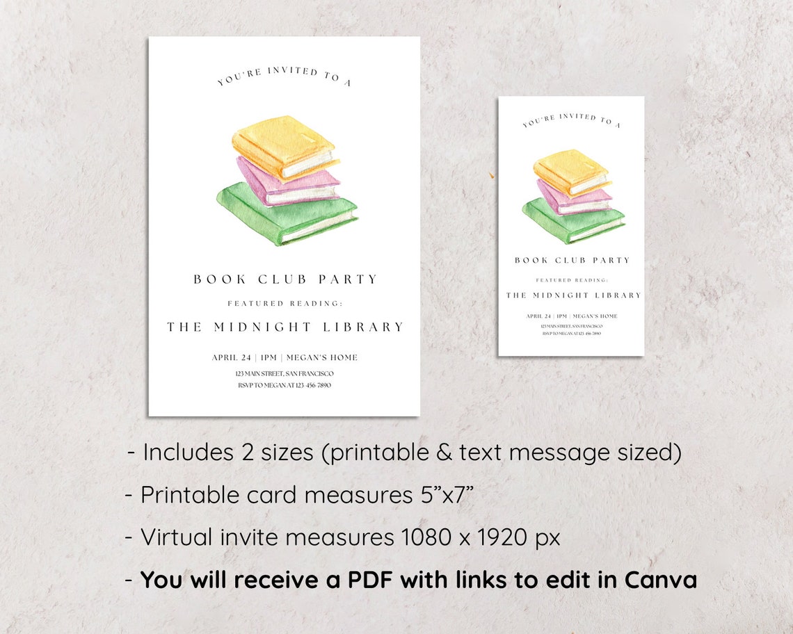 Watercolor Books Book Club Printable Invitation Template, Book Club ...