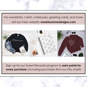 Puede incluir: Tres im&aacute;genes que muestran diferentes productos disponibles en el sitio web sweetsummerdesigns.com. La primera imagen muestra una sudadera negra con el texto "small business owner" impreso en ella. La segunda imagen muestra un cuaderno con un patr&oacute;n de corazones. La tercera imagen muestra una sudadera marr&oacute;n con el texto "Read More & Worry Less" impreso en ella.