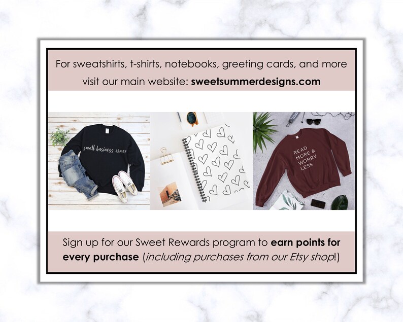 Puede incluir: Tres im&aacute;genes que muestran diferentes productos disponibles en el sitio web sweetsummerdesigns.com. La primera imagen muestra una sudadera negra con el texto "small business owner" impreso en ella. La segunda imagen muestra un cuaderno con un patr&oacute;n de corazones. La tercera imagen muestra una sudadera marr&oacute;n con el texto "Read More & Worry Less" impreso en ella.