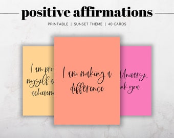 May include: Three printable affirmation cards with sunset-themed backgrounds. The cards feature the following text: "I am proving myself a achiever", "I am making a difference", and "Universe, thank you".