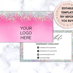 Bubblegum Holographic Glitter Editable Business Card, Printable Makeup Business Card, Salon Business Card, Printable Jewelry Business Card