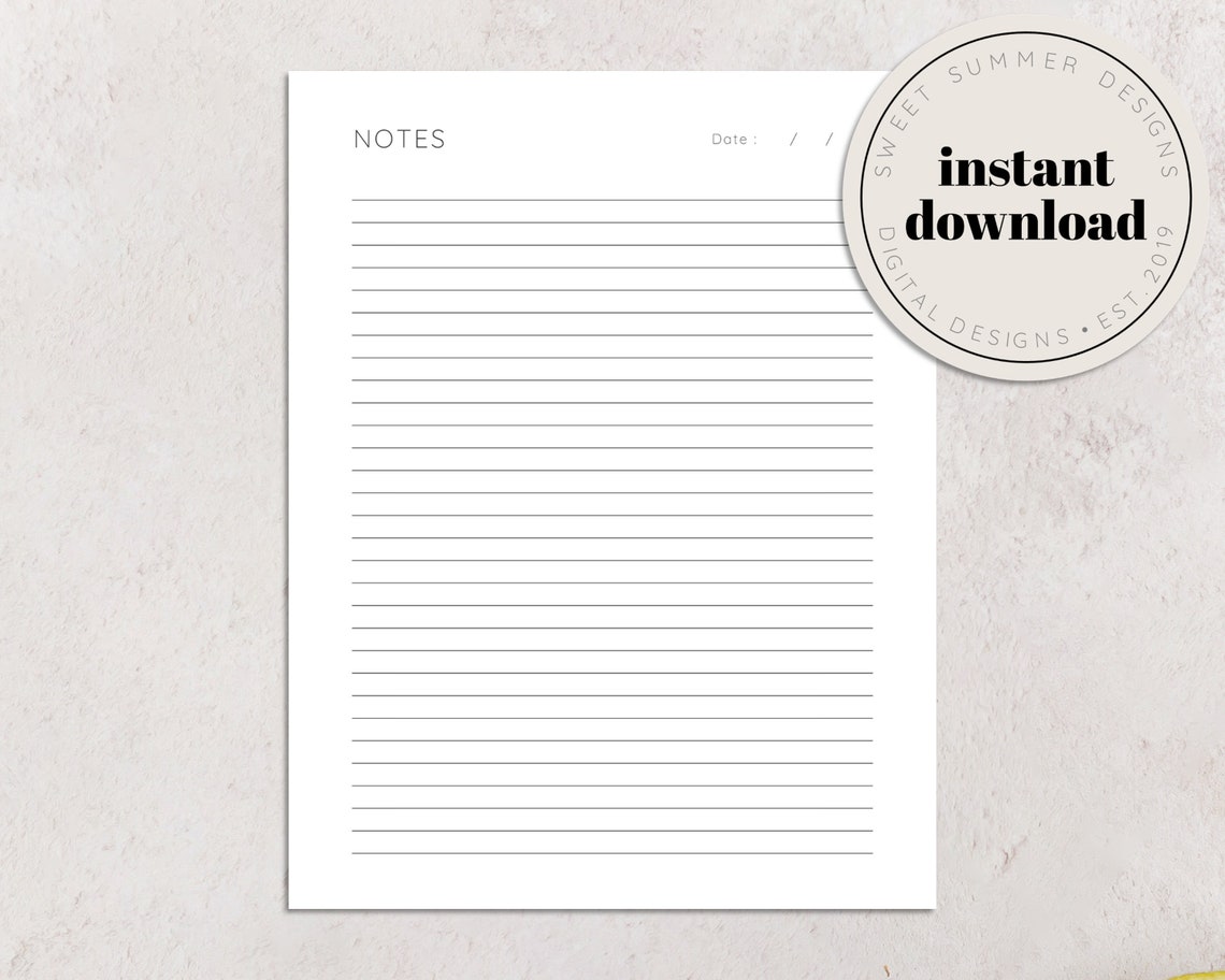Lined Notes Printable, Bullet Journal Printable, Notes Page Printable ...