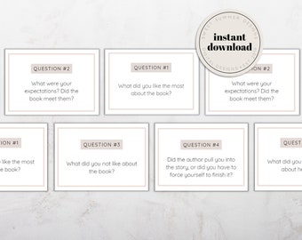 May include: Five printable book club discussion cards with beige borders and black text. The cards feature questions about a book, such as "What were your expectations? Did the book meet them?" and "What did you not like about the book?"