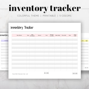 Könnte beinhalten: Druckbarer Inventar-Tracker-Spreadsheet mit einem farbenfrohen Thema. Die Tabelle enthält Spalten für Artikelname, Größe, Kaufdatum, Quelle, Kosten, Lagerort, Datum der Auflistung, Verkaufspreis, Gebühren und Bruttogewinn. Die Tabelle hat ein rosa, gelbes und hellblaues Farbschema.