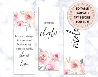 Blush Floral Editable Printable Bookmark, Floral Bookmark Printable, Bookmark Template, Reading Journal Printable, Booklover Printable