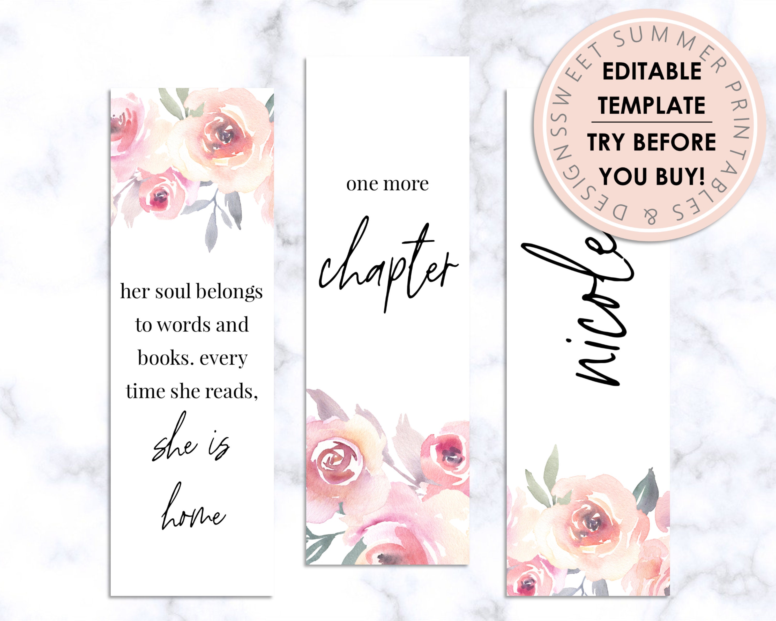 blush floral editable printable bookmark floral bookmark etsy canada