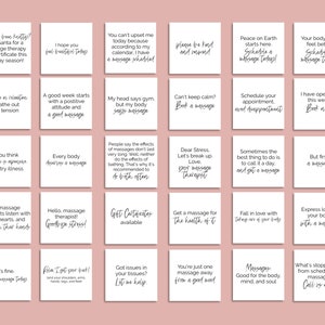 May include: A white background with 20 square cards featuring black text with motivational quotes about massage therapy. The text includes phrases like "Peace on Earth starts here. Schedule a massage today!" and "Get a massage for the health of it."