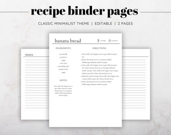 Classic Minimalist Recipe and Notes Pages, Recipe Binder Printable Sections, Recipe Binder Kit, Floral Recipe Binder, Recipe Binder Gift