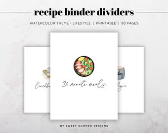 Printable Watercolor Lifestyle Recipe Binder Dividers | 80 Category Set | Recipe Organizer Tabs | Kitchen Binder Inserts | Instant Download