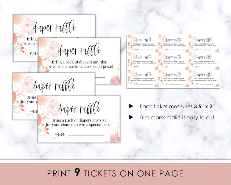 Diaper Raffle Printable Pink Gold Floral Tickets Diaper | Etsy