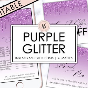 Salon Instagram Price List Purple Glitter Drip, Spa Instagram Post Price List, Editable Price List, Rose Gold Branding Template