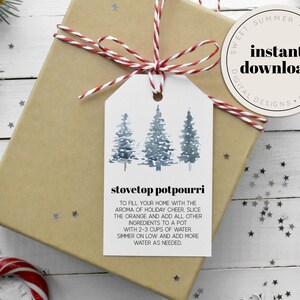 Acquerello Frost Trees Border Stovetop Potpourri Tag stampabile, Simmer Potpourri Tag, Tag Potpourri di Natale, Tag regalo di Natale stampabile