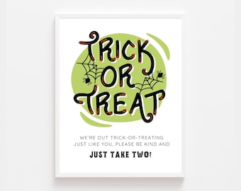 Trick or Treat Green Sign Printable | We’re Out Trick or Treating Sign | Halloween Porch Sign | Instant Download