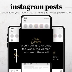 62 Fashion Boutique Black Gold Postagens no Instagram, postagens em lojas de roupas, citações de moda, citações de compras, postagens de agradecimento para seguidores, mídias sociais
