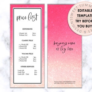 Pink Glitter Lashes Editable Price List, Lashes Editable Rack Card, Lashes Editable Pricing Sheet, Lashes Business Logo, Services Menu
