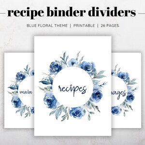 Blue Floral Recipe Binder Dividers Printable, Printable Cookbook Dividers, Printable Recipe Dividers, Blue Floral Dividers, Printable Binder