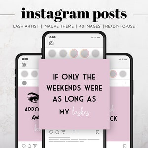 Może przedstawiać: Szablon postu na Instagramie w kolorze lila z tekstem "IF ONLY THE WEEKENDS WERE AS LONG AS MY lashes" w kolorze czarnym. Szablon zawiera stylizowane oko z długimi rzęsami i różowym tłem.