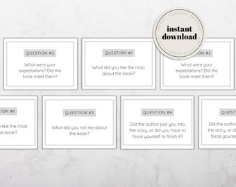May include: Set of six white cards with black text, each card features a question about a book. The questions are: "What were your expectations? Did the book meet them?", "What did you like the most about the book?", "What did you not like about the book?", "Did the author pull you into the story, or did you have to force yourself to finish it?", "Did the author pull you into the story, or did you have to force yourself to finish it?", and "What were your expectations? Did the book meet them?"
